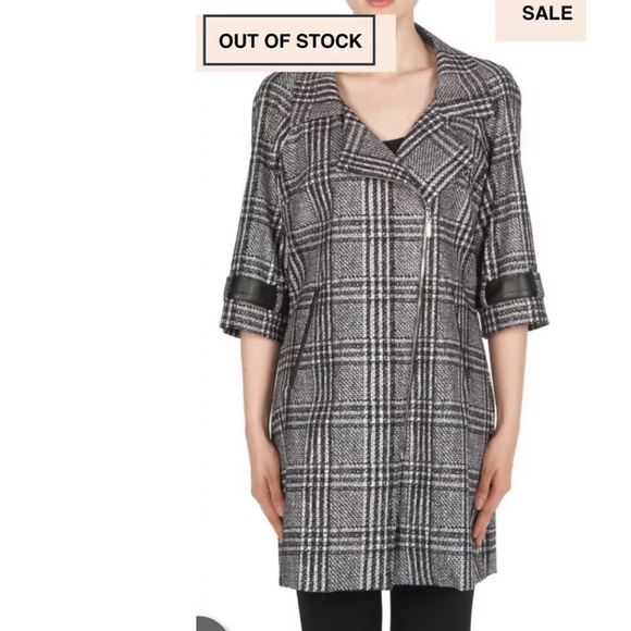 New JOSEPH RIBKOFF Glen Plaid Jacket Coat Black Silver Asymmetrical Zipper - Picture 2 of 13